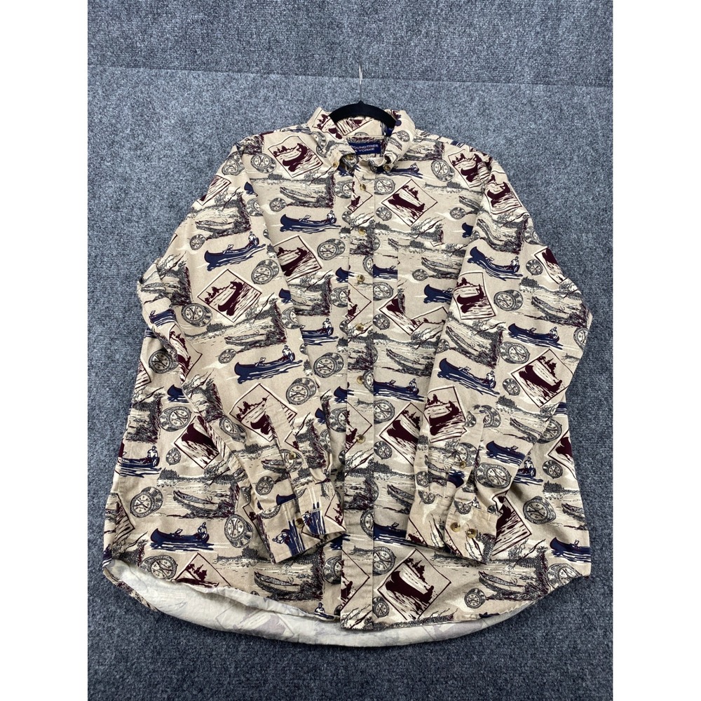 Roundtree & Yorke Nautical Canoe Compass Print Shirt Mens Large Tan Cotton L/S